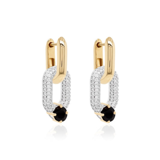 Oval drop link gold earrings in black